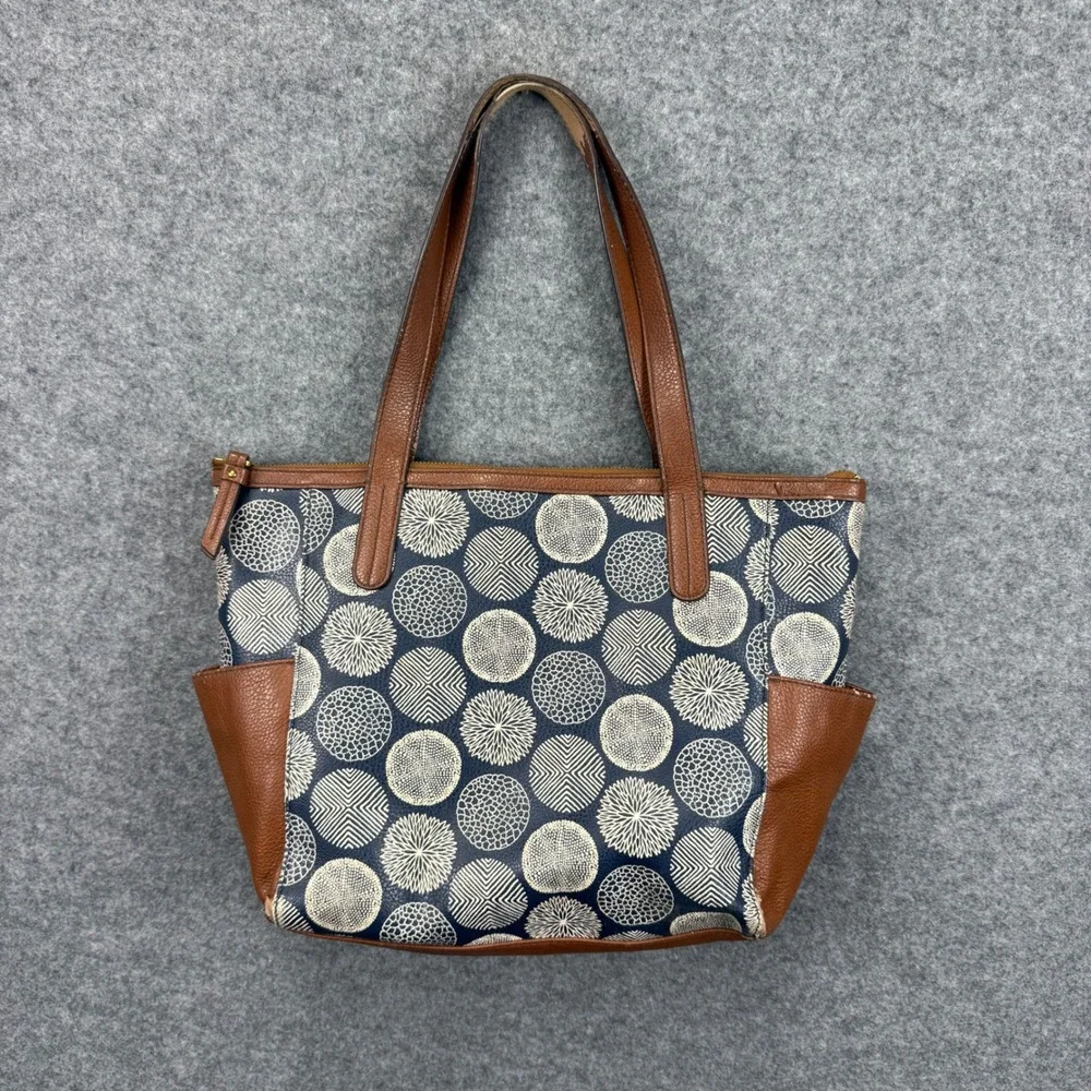 Fossil Navy Cream Geometric Circle Print Tote Bag Brown Leather Trim‎ Large